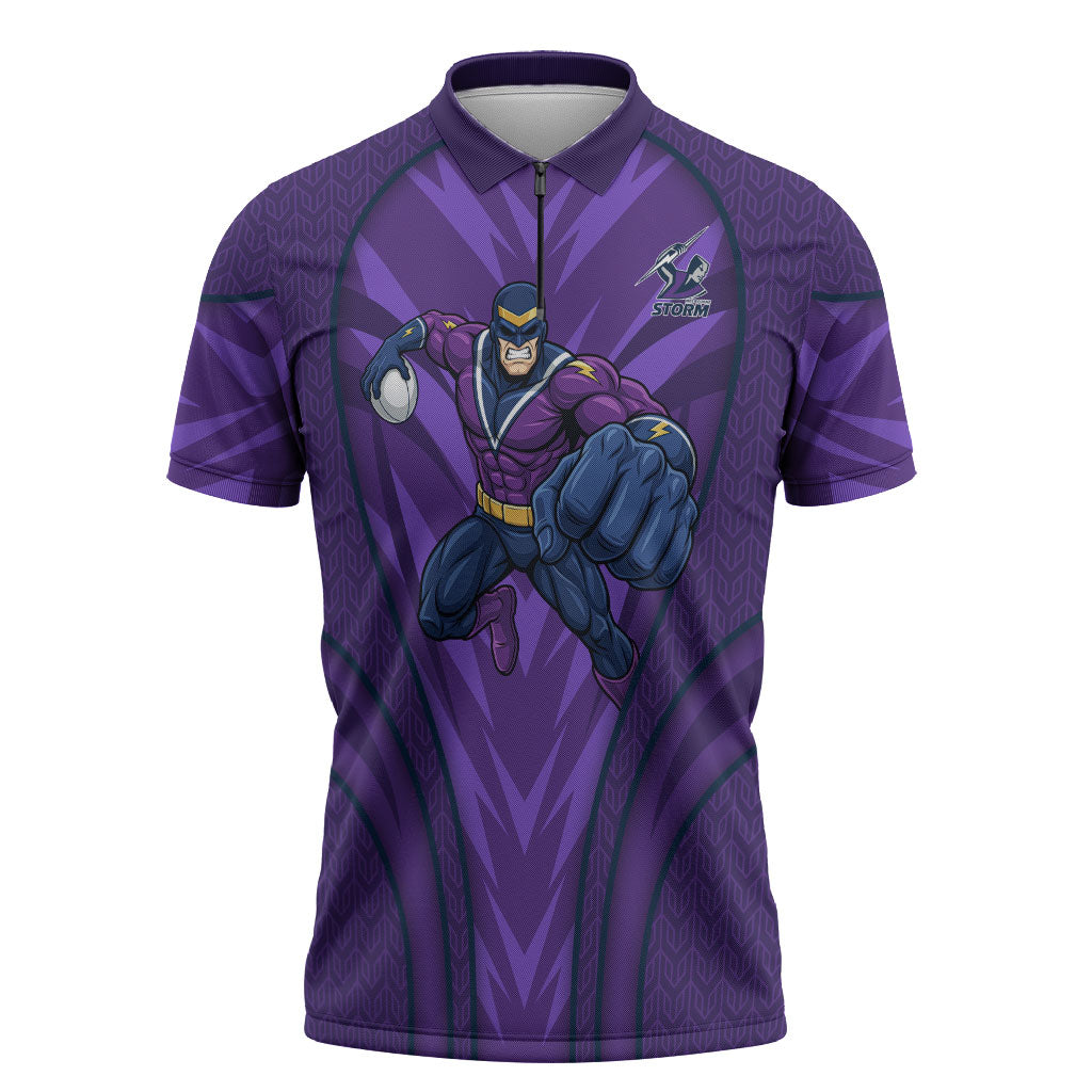 Melbourne Storm Rugby Mascot Zipper Polo Shirt Australian Rugby Culture - Tribal Inspired Superhero