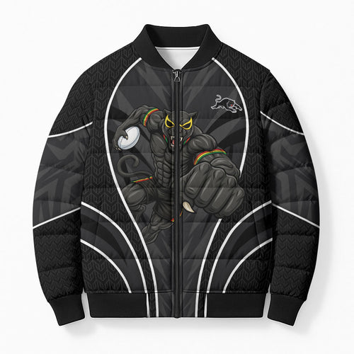Penrith Panthers Rugby Mascot Bomber Puffer Jacket Australian Rugby Culture - Tribal Inspired Black Panther
