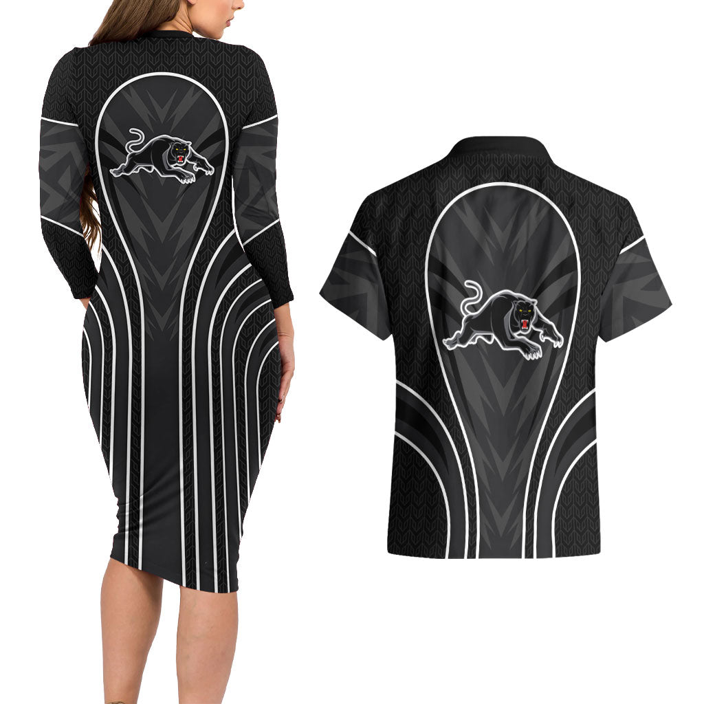 Penrith Panthers Rugby Mascot Couples Matching Long Sleeve Bodycon Dress and Hawaiian Shirt Australian Rugby Culture - Tribal Inspired Black Panther