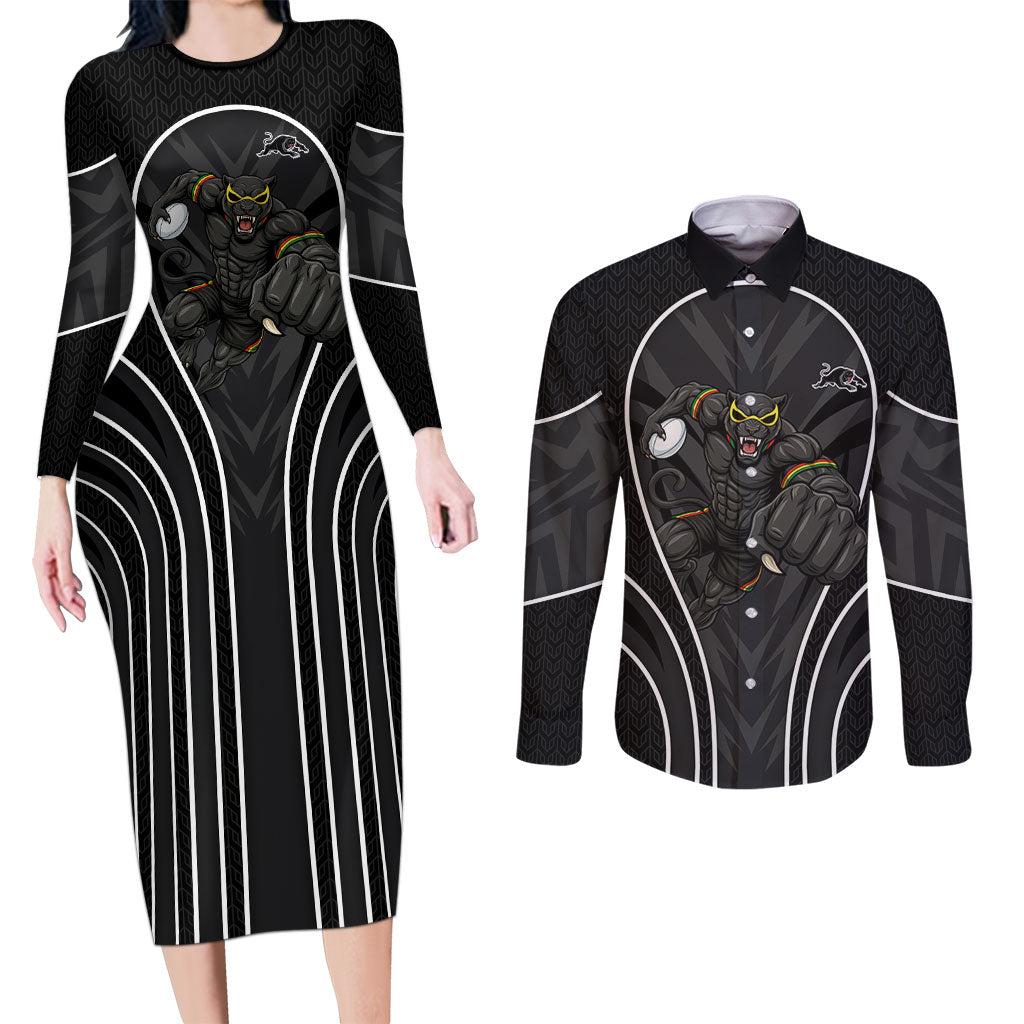 Penrith Panthers Rugby Mascot Couples Matching Long Sleeve Bodycon Dress and Long Sleeve Button Shirt Australian Rugby Culture - Tribal Inspired Black Panther