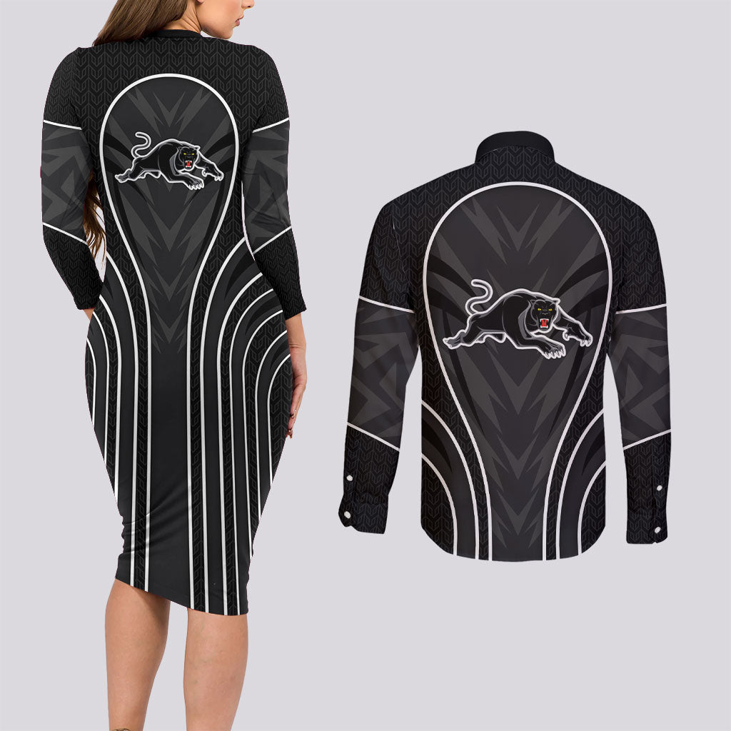 Penrith Panthers Rugby Mascot Couples Matching Long Sleeve Bodycon Dress and Long Sleeve Button Shirt Australian Rugby Culture - Tribal Inspired Black Panther