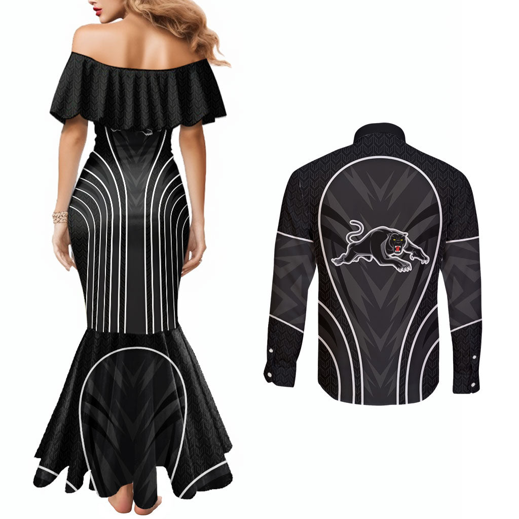 Penrith Panthers Rugby Mascot Couples Matching Mermaid Dress and Long Sleeve Button Shirt Australian Rugby Culture - Tribal Inspired Black Panther