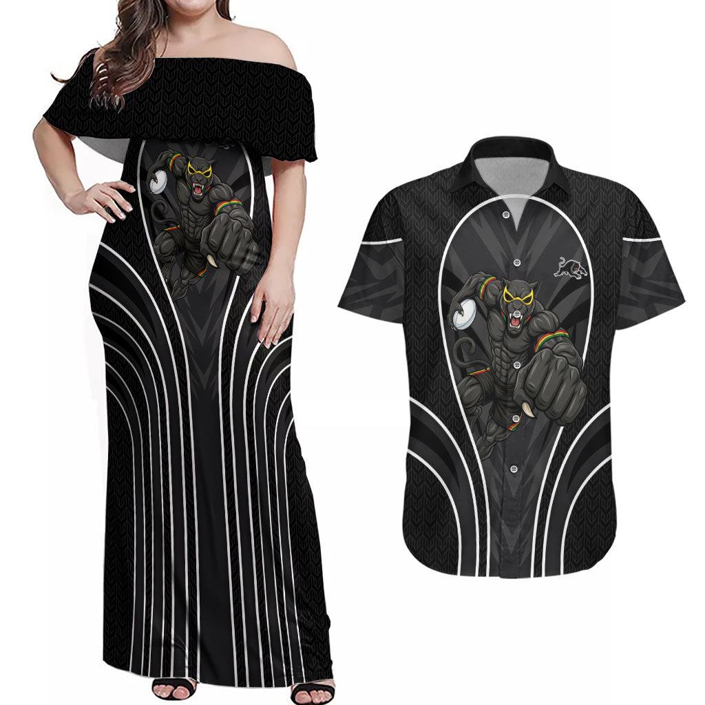 Penrith Panthers Rugby Mascot Couples Matching Off Shoulder Maxi Dress and Hawaiian Shirt Australian Rugby Culture - Tribal Inspired Black Panther