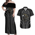Penrith Panthers Rugby Mascot Couples Matching Off Shoulder Maxi Dress and Hawaiian Shirt Australian Rugby Culture - Tribal Inspired Black Panther