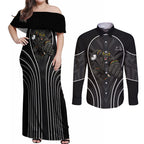 Penrith Panthers Rugby Mascot Couples Matching Off Shoulder Maxi Dress and Long Sleeve Button Shirt Australian Rugby Culture - Tribal Inspired Black Panther