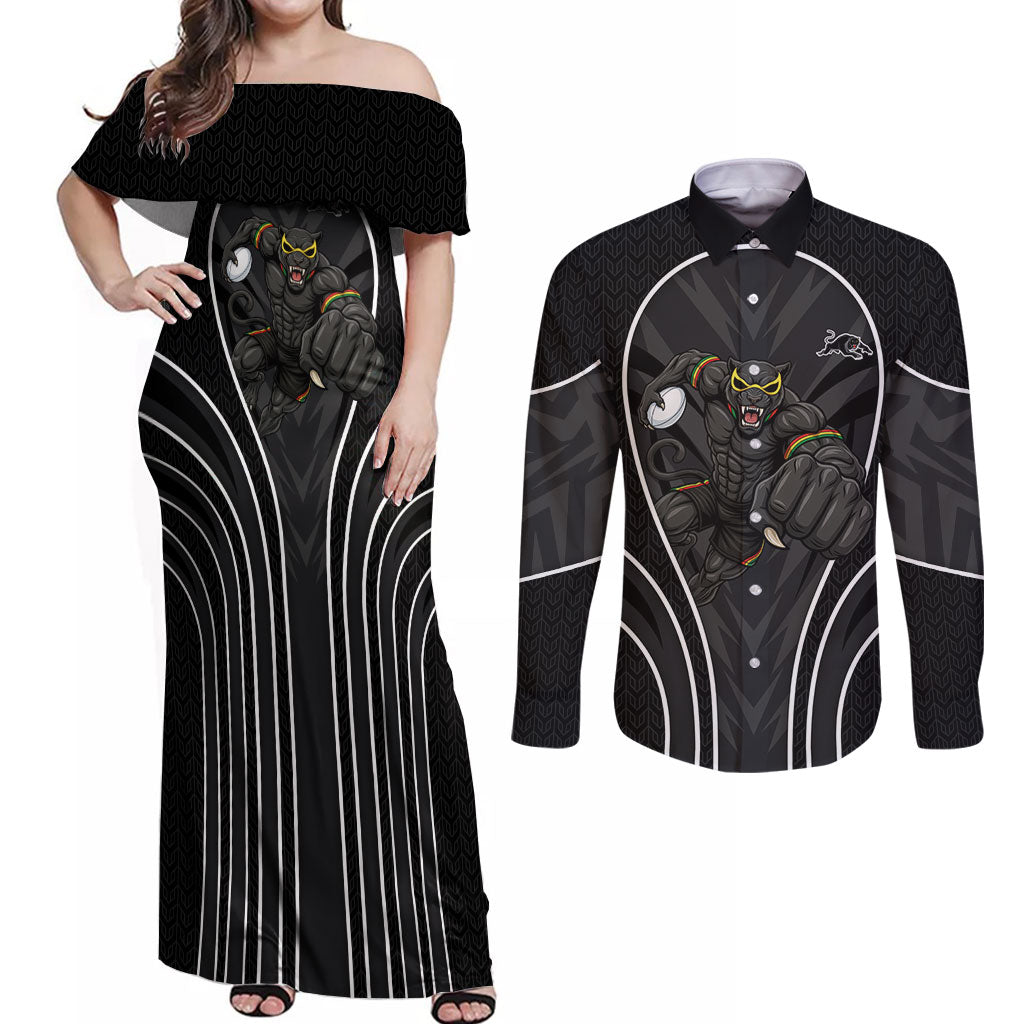 Penrith Panthers Rugby Mascot Couples Matching Off Shoulder Maxi Dress and Long Sleeve Button Shirt Australian Rugby Culture - Tribal Inspired Black Panther