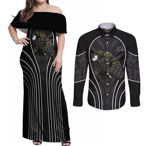 Penrith Panthers Rugby Mascot Couples Matching Off Shoulder Maxi Dress and Long Sleeve Button Shirt Australian Rugby Culture - Tribal Inspired Black Panther