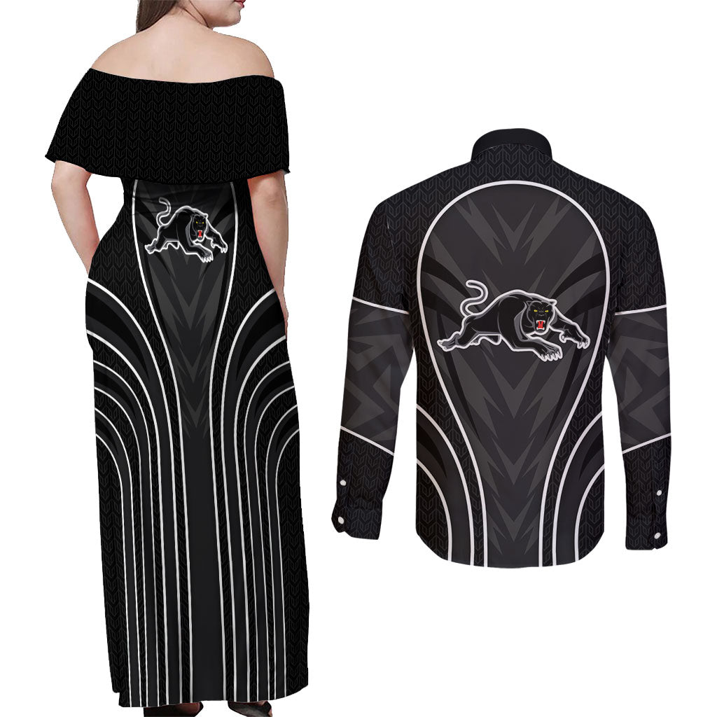 Penrith Panthers Rugby Mascot Couples Matching Off Shoulder Maxi Dress and Long Sleeve Button Shirt Australian Rugby Culture - Tribal Inspired Black Panther