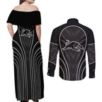 Penrith Panthers Rugby Mascot Couples Matching Off Shoulder Maxi Dress and Long Sleeve Button Shirt Australian Rugby Culture - Tribal Inspired Black Panther
