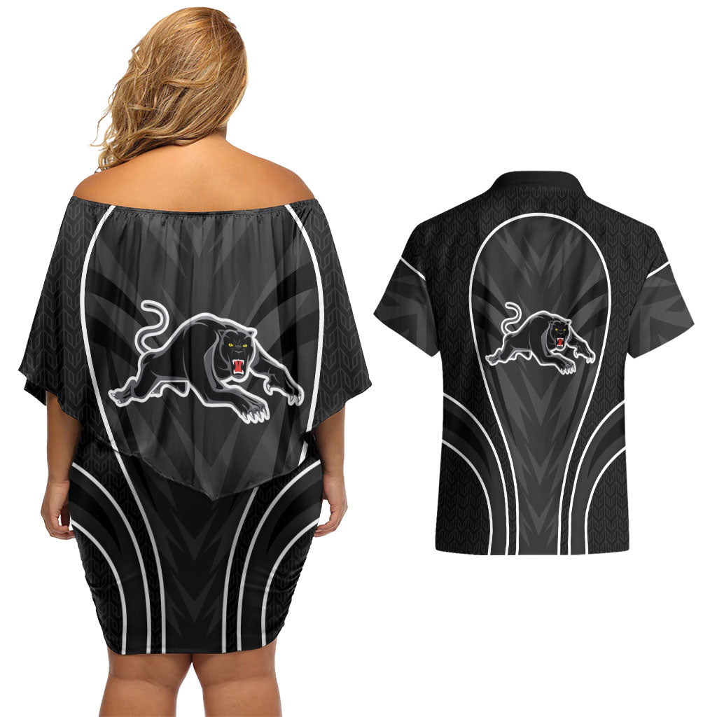 Penrith Panthers Rugby Mascot Couples Matching Off Shoulder Short Dress and Hawaiian Shirt Australian Rugby Culture - Tribal Inspired Black Panther