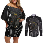 Penrith Panthers Rugby Mascot Couples Matching Off Shoulder Short Dress and Long Sleeve Button Shirt Australian Rugby Culture - Tribal Inspired Black Panther