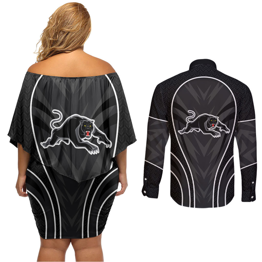 Penrith Panthers Rugby Mascot Couples Matching Off Shoulder Short Dress and Long Sleeve Button Shirt Australian Rugby Culture - Tribal Inspired Black Panther