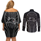 Penrith Panthers Rugby Mascot Couples Matching Off Shoulder Short Dress and Long Sleeve Button Shirt Australian Rugby Culture - Tribal Inspired Black Panther