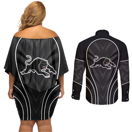 Penrith Panthers Rugby Mascot Couples Matching Off Shoulder Short Dress and Long Sleeve Button Shirt Australian Rugby Culture - Tribal Inspired Black Panther