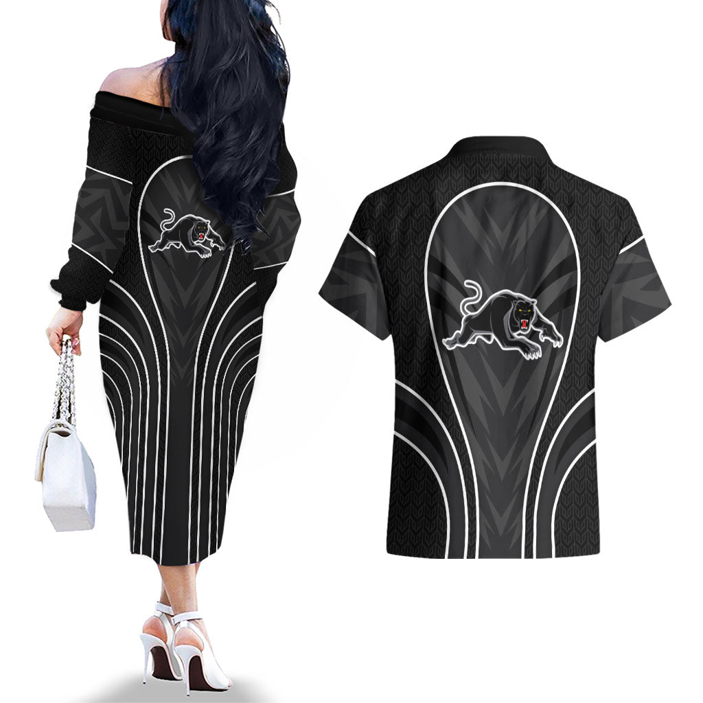 Penrith Panthers Rugby Mascot Couples Matching Off The Shoulder Long Sleeve Dress and Hawaiian Shirt Australian Rugby Culture - Tribal Inspired Black Panther