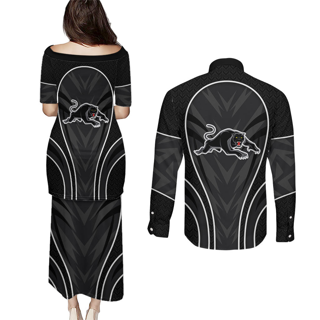 Penrith Panthers Rugby Mascot Couples Matching Puletasi and Long Sleeve Button Shirt Australian Rugby Culture - Tribal Inspired Black Panther