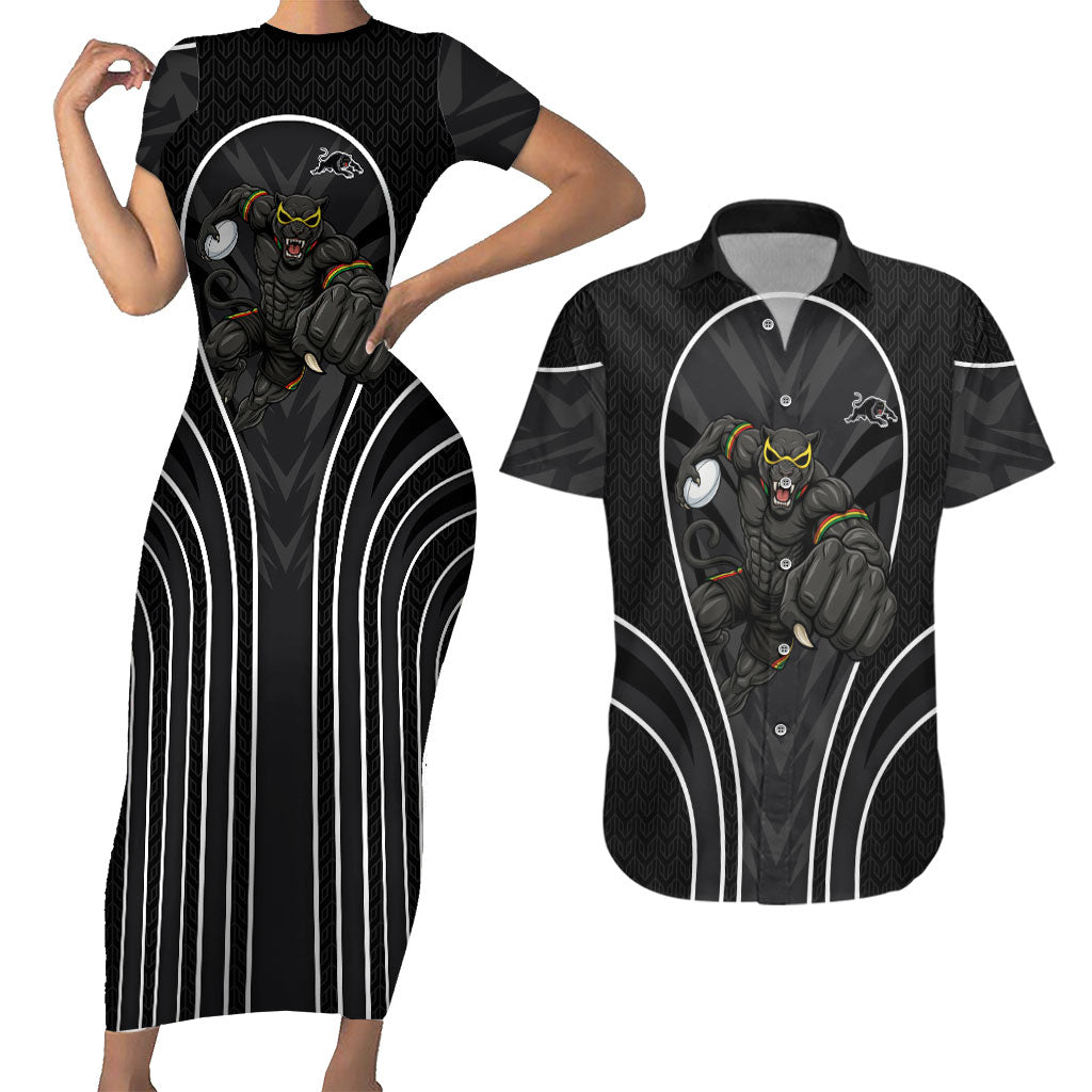 Penrith Panthers Rugby Mascot Couples Matching Short Sleeve Bodycon Dress and Hawaiian Shirt Australian Rugby Culture - Tribal Inspired Black Panther