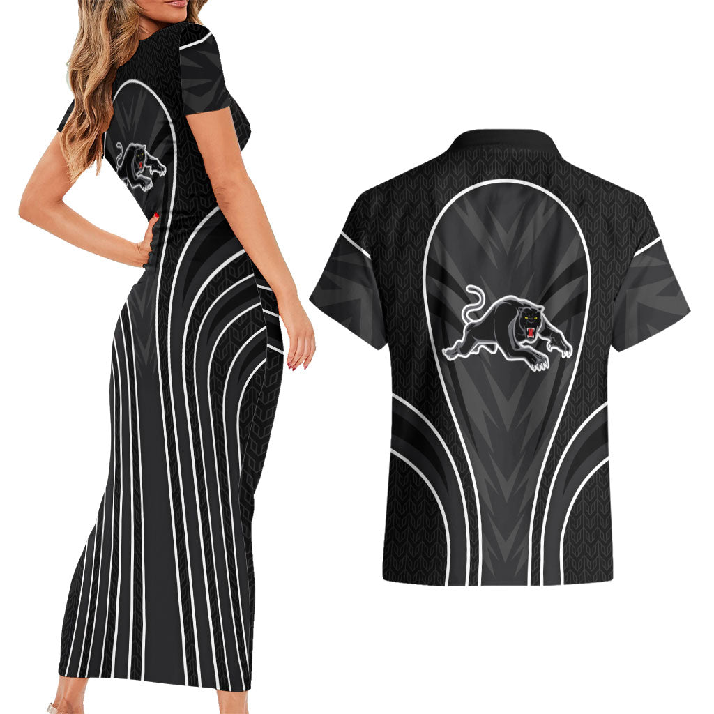Penrith Panthers Rugby Mascot Couples Matching Short Sleeve Bodycon Dress and Hawaiian Shirt Australian Rugby Culture - Tribal Inspired Black Panther