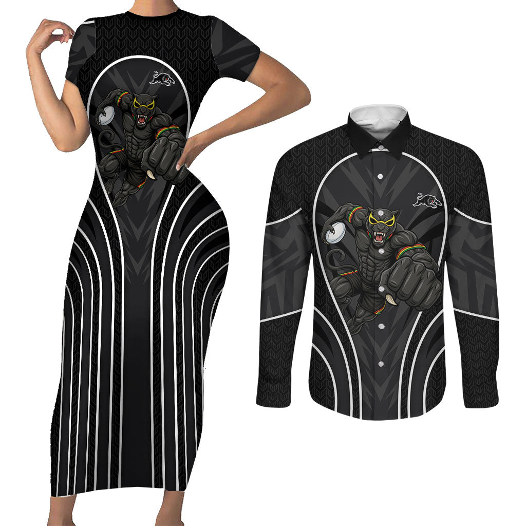 Penrith Panthers Rugby Mascot Couples Matching Short Sleeve Bodycon Dress and Long Sleeve Button Shirt Australian Rugby Culture - Tribal Inspired Black Panther