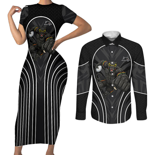 Penrith Panthers Rugby Mascot Couples Matching Short Sleeve Bodycon Dress and Long Sleeve Button Shirt Australian Rugby Culture - Tribal Inspired Black Panther