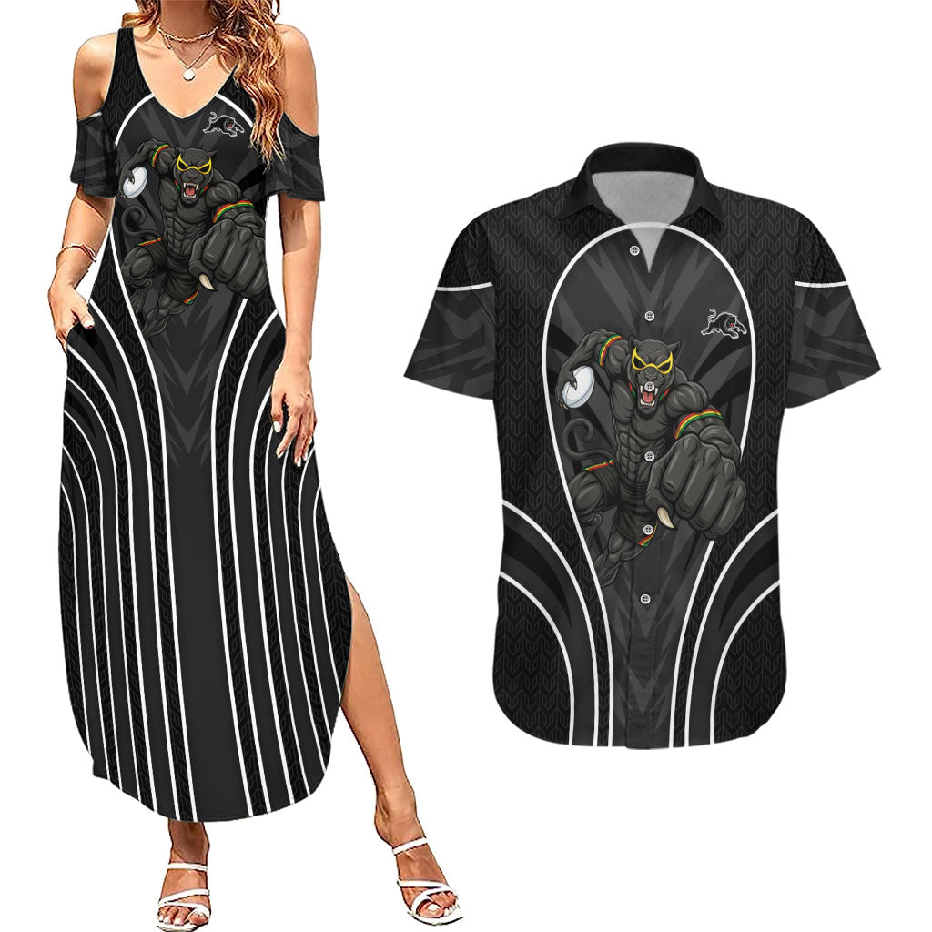 Penrith Panthers Rugby Mascot Couples Matching Summer Maxi Dress and Hawaiian Shirt Australian Rugby Culture - Tribal Inspired Black Panther