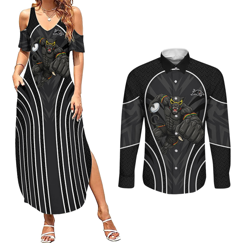 Penrith Panthers Rugby Mascot Couples Matching Summer Maxi Dress and Long Sleeve Button Shirt Australian Rugby Culture - Tribal Inspired Black Panther
