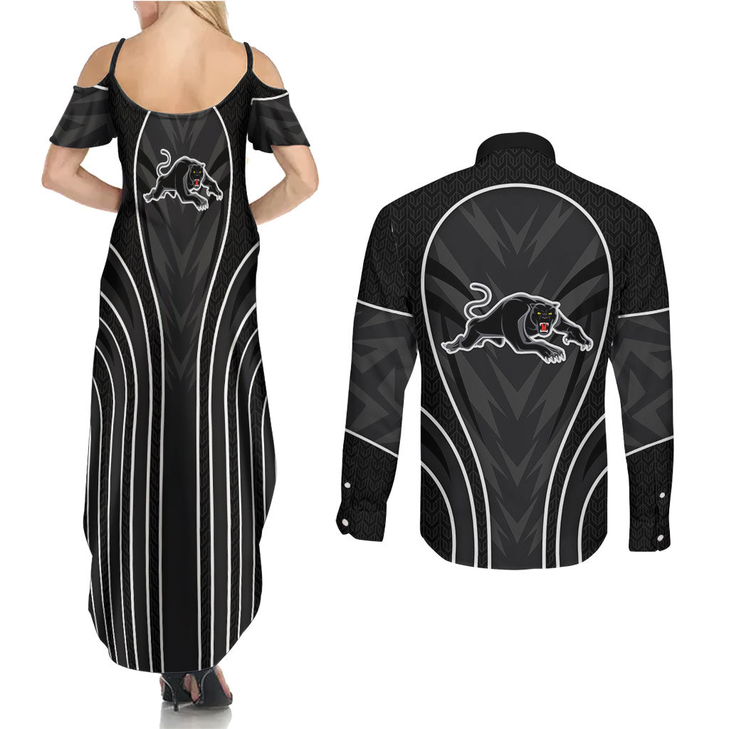 Penrith Panthers Rugby Mascot Couples Matching Summer Maxi Dress and Long Sleeve Button Shirt Australian Rugby Culture - Tribal Inspired Black Panther