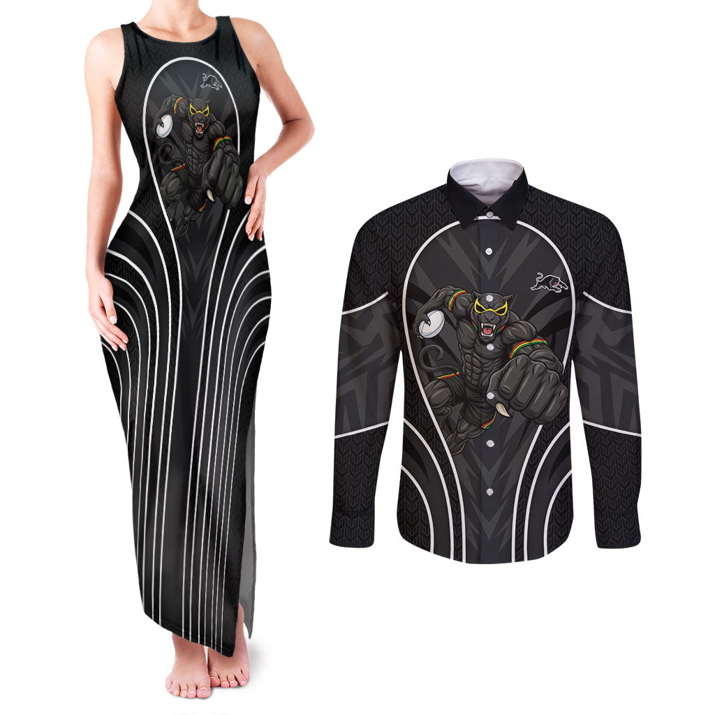 Penrith Panthers Rugby Mascot Couples Matching Tank Maxi Dress and Long Sleeve Button Shirt Australian Rugby Culture - Tribal Inspired Black Panther