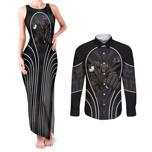 Penrith Panthers Rugby Mascot Couples Matching Tank Maxi Dress and Long Sleeve Button Shirt Australian Rugby Culture - Tribal Inspired Black Panther