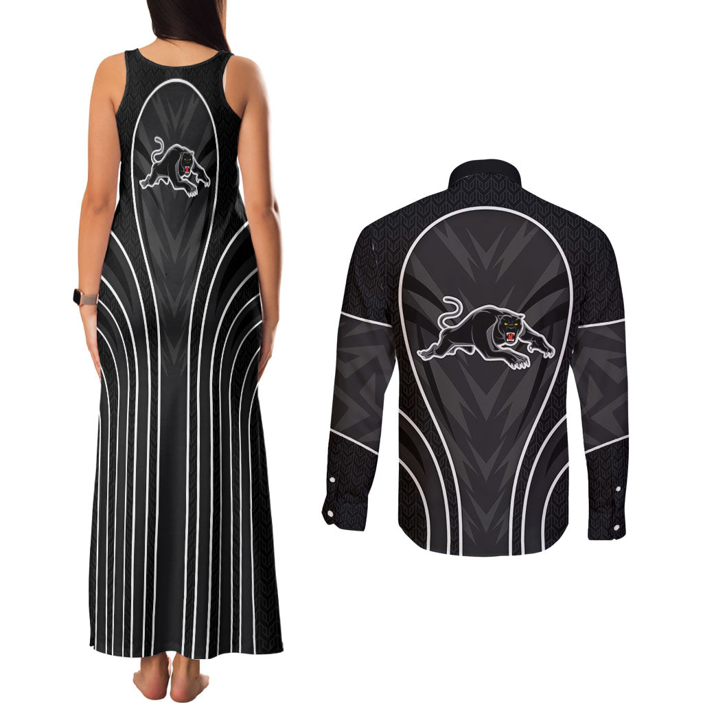 Penrith Panthers Rugby Mascot Couples Matching Tank Maxi Dress and Long Sleeve Button Shirt Australian Rugby Culture - Tribal Inspired Black Panther