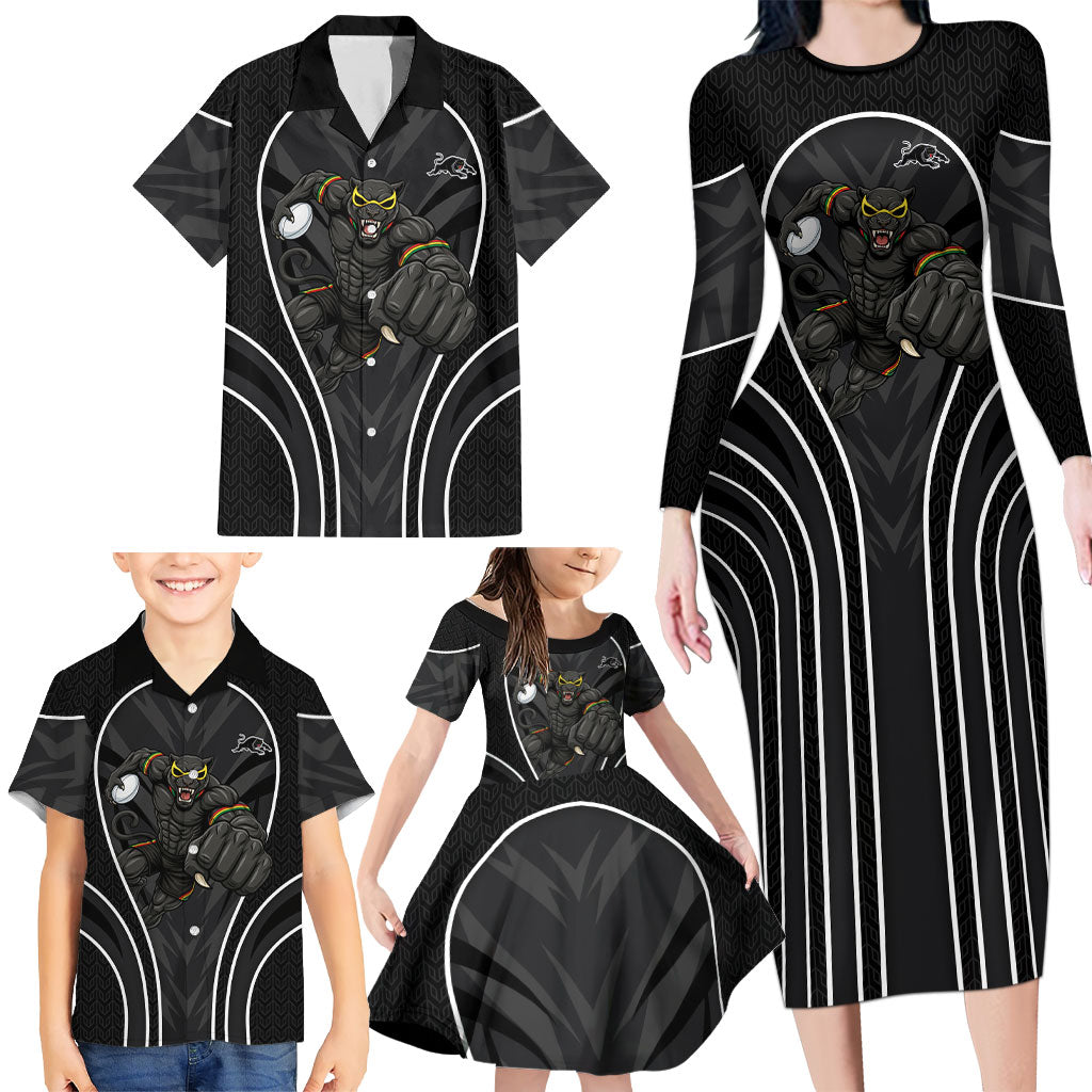 Penrith Panthers Rugby Mascot Family Matching Long Sleeve Bodycon Dress and Hawaiian Shirt Australian Rugby Culture - Tribal Inspired Black Panther