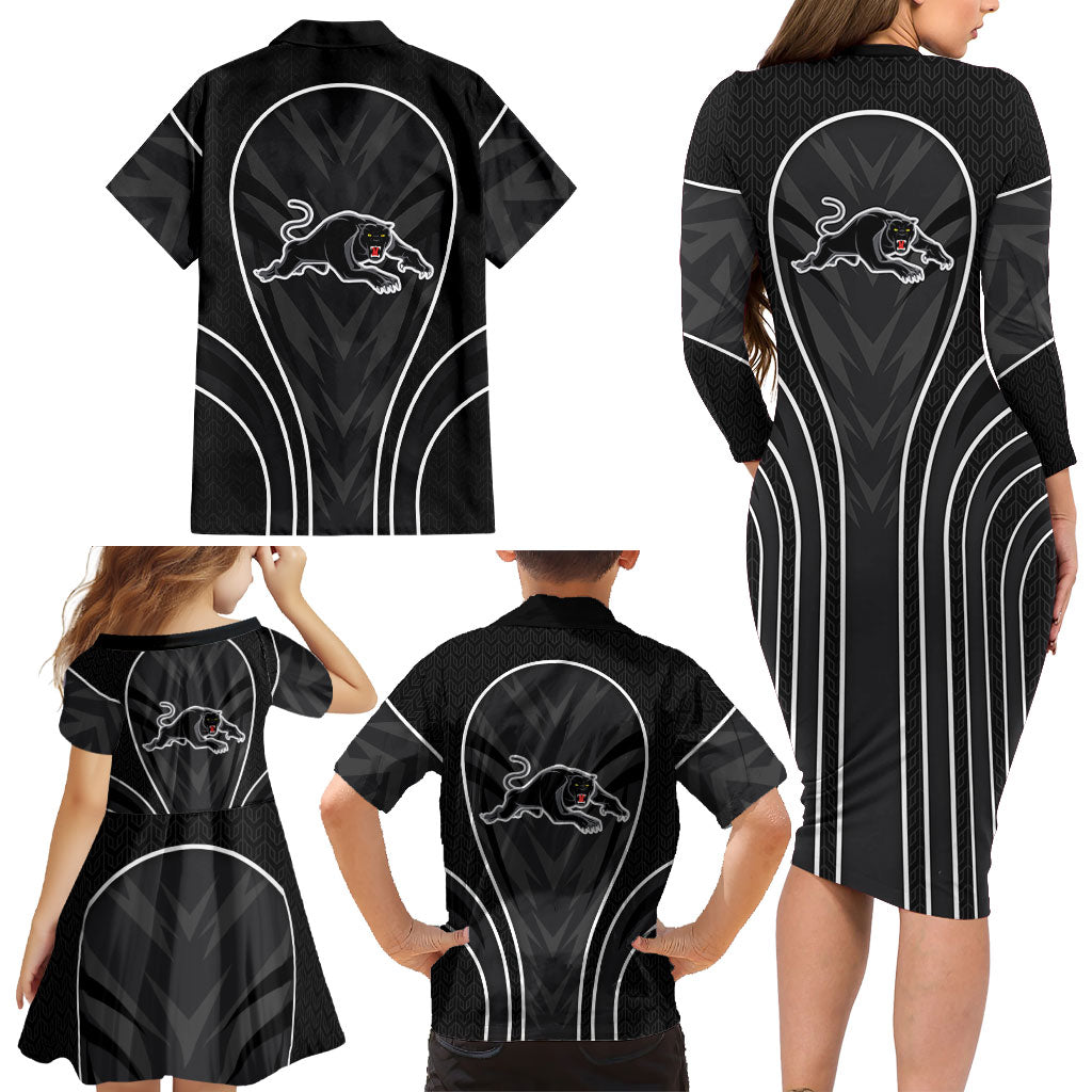 Penrith Panthers Rugby Mascot Family Matching Long Sleeve Bodycon Dress and Hawaiian Shirt Australian Rugby Culture - Tribal Inspired Black Panther