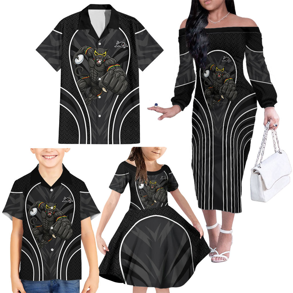 Penrith Panthers Rugby Mascot Family Matching Off The Shoulder Long Sleeve Dress and Hawaiian Shirt Australian Rugby Culture - Tribal Inspired Black Panther
