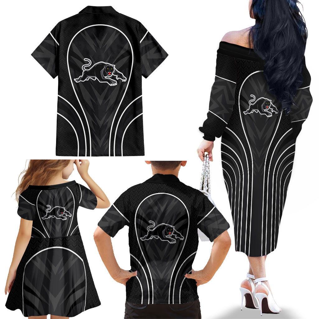 Penrith Panthers Rugby Mascot Family Matching Off The Shoulder Long Sleeve Dress and Hawaiian Shirt Australian Rugby Culture - Tribal Inspired Black Panther