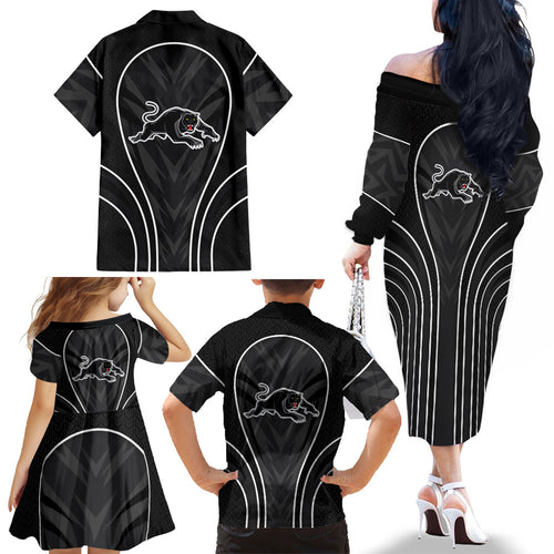 Penrith Panthers Rugby Mascot Family Matching Off The Shoulder Long Sleeve Dress and Hawaiian Shirt Australian Rugby Culture - Tribal Inspired Black Panther