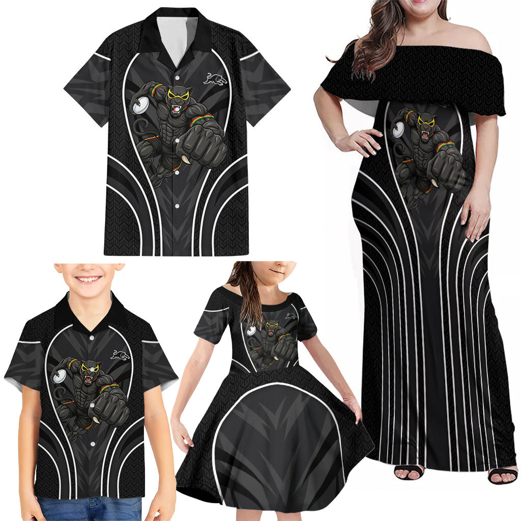 Penrith Panthers Rugby Mascot Family Matching Off Shoulder Maxi Dress and Hawaiian Shirt Australian Rugby Culture - Tribal Inspired Black Panther