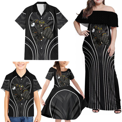Penrith Panthers Rugby Mascot Family Matching Off Shoulder Maxi Dress and Hawaiian Shirt Australian Rugby Culture - Tribal Inspired Black Panther