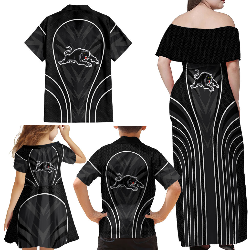 Penrith Panthers Rugby Mascot Family Matching Off Shoulder Maxi Dress and Hawaiian Shirt Australian Rugby Culture - Tribal Inspired Black Panther