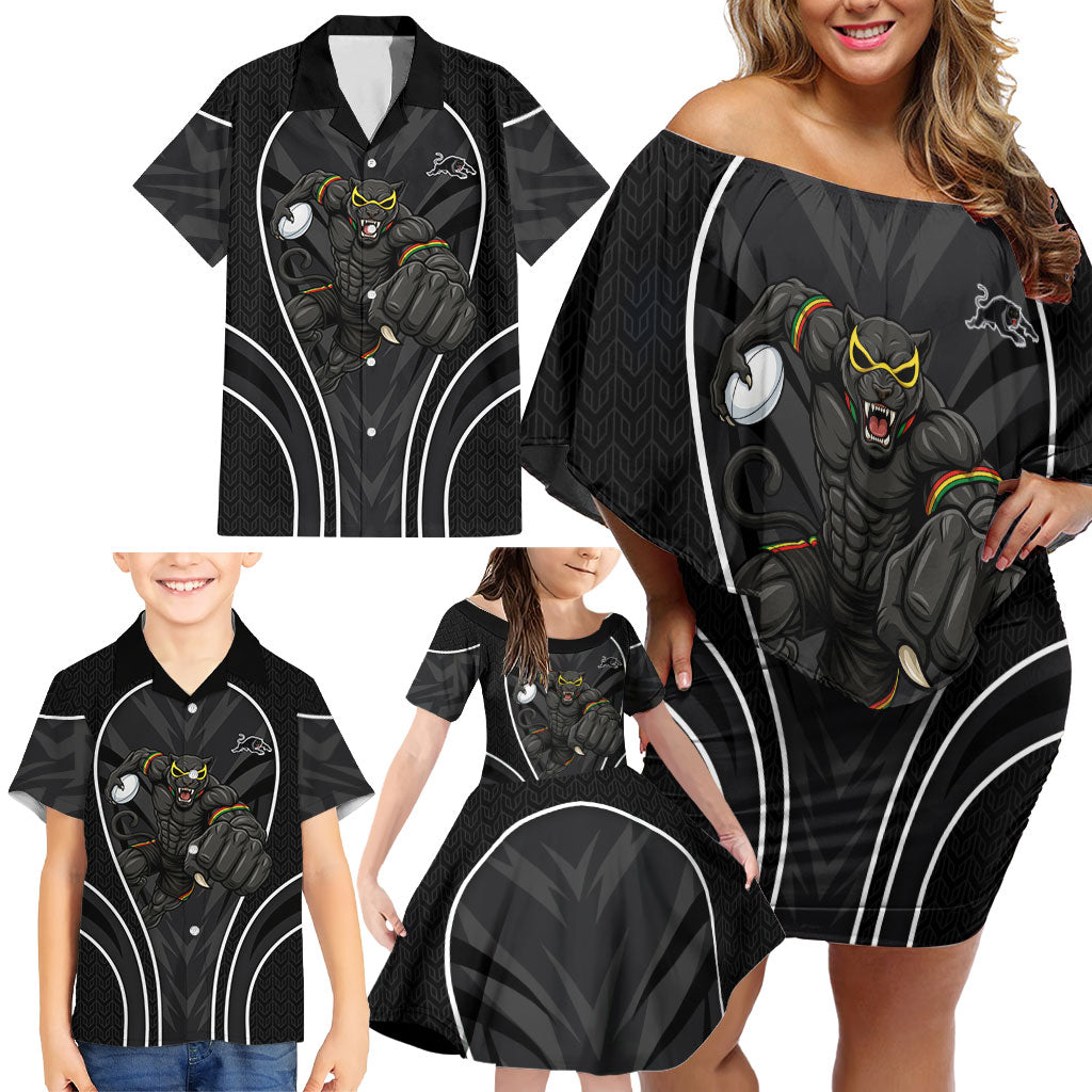 Penrith Panthers Rugby Mascot Family Matching Off Shoulder Short Dress and Hawaiian Shirt Australian Rugby Culture - Tribal Inspired Black Panther