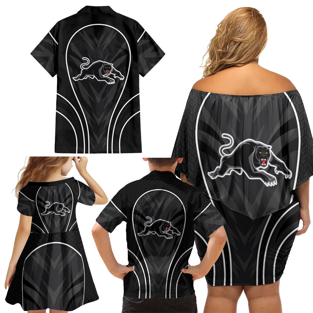 Penrith Panthers Rugby Mascot Family Matching Off Shoulder Short Dress and Hawaiian Shirt Australian Rugby Culture - Tribal Inspired Black Panther