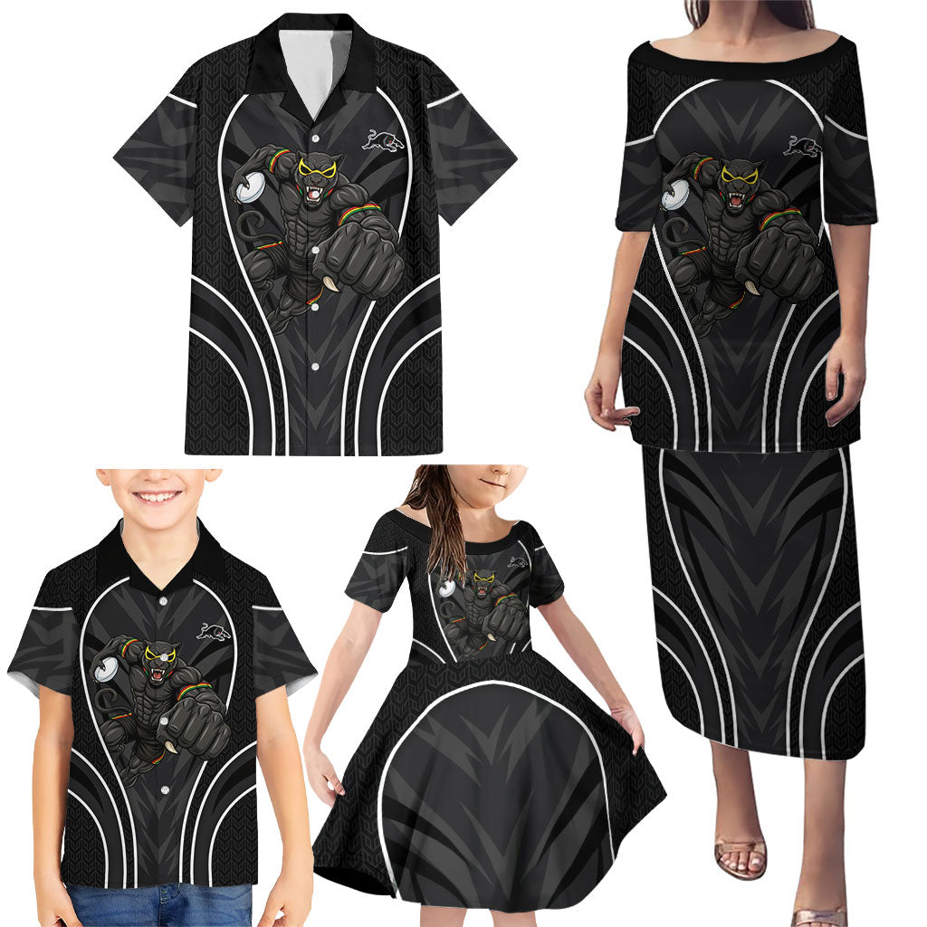 Penrith Panthers Rugby Mascot Family Matching Puletasi and Hawaiian Shirt Australian Rugby Culture - Tribal Inspired Black Panther