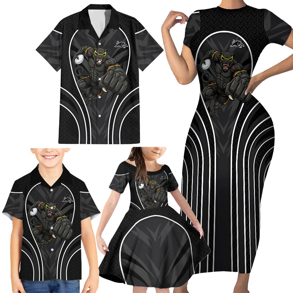 Penrith Panthers Rugby Mascot Family Matching Short Sleeve Bodycon Dress and Hawaiian Shirt Australian Rugby Culture - Tribal Inspired Black Panther