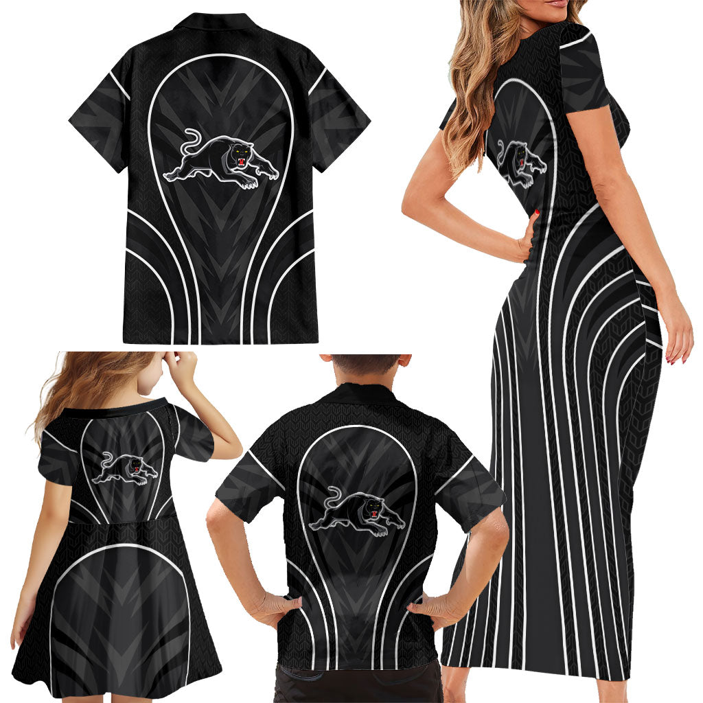 Penrith Panthers Rugby Mascot Family Matching Short Sleeve Bodycon Dress and Hawaiian Shirt Australian Rugby Culture - Tribal Inspired Black Panther