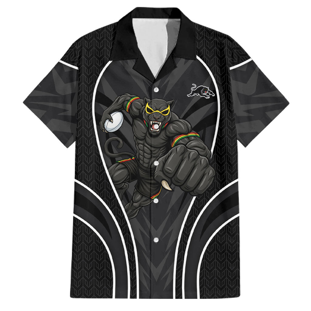 Penrith Panthers Rugby Mascot Family Matching Short Sleeve Bodycon Dress and Hawaiian Shirt Australian Rugby Culture - Tribal Inspired Black Panther
