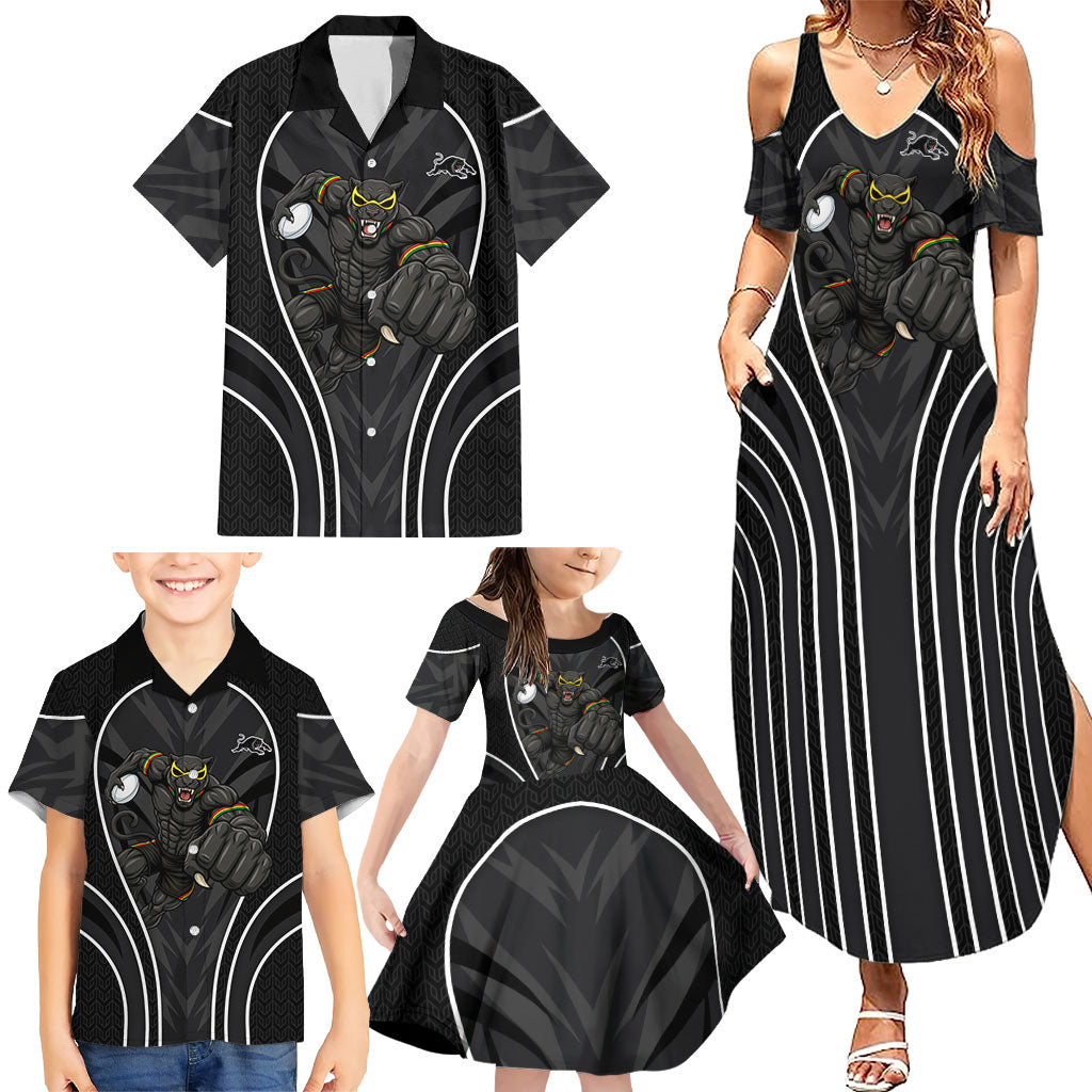 Penrith Panthers Rugby Mascot Family Matching Summer Maxi Dress and Hawaiian Shirt Australian Rugby Culture - Tribal Inspired Black Panther