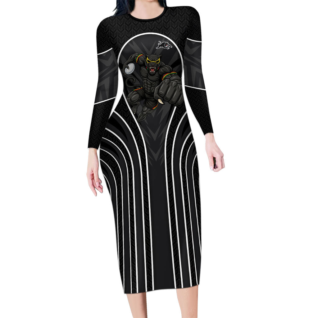 Penrith Panthers Rugby Mascot Long Sleeve Bodycon Dress Australian Rugby Culture - Tribal Inspired Black Panther