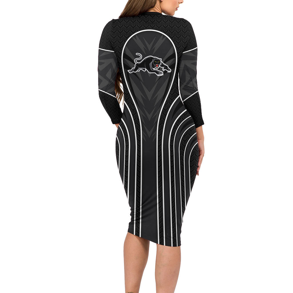 Penrith Panthers Rugby Mascot Long Sleeve Bodycon Dress Australian Rugby Culture - Tribal Inspired Black Panther