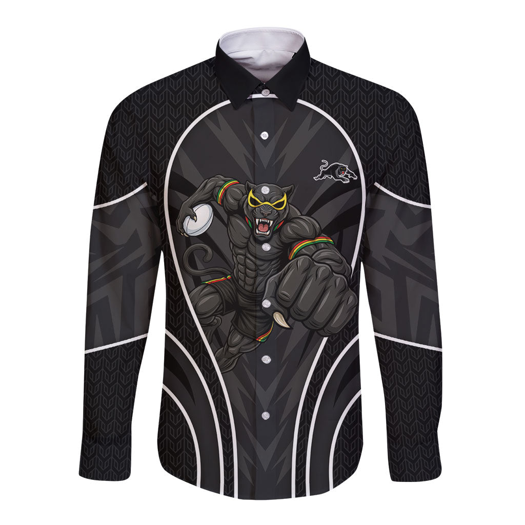 Penrith Panthers Rugby Mascot Long Sleeve Button Shirt Australian Rugby Culture - Tribal Inspired Black Panther