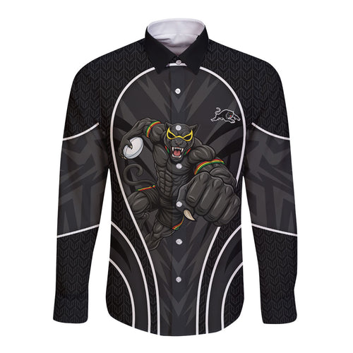 Penrith Panthers Rugby Mascot Long Sleeve Button Shirt Australian Rugby Culture - Tribal Inspired Black Panther