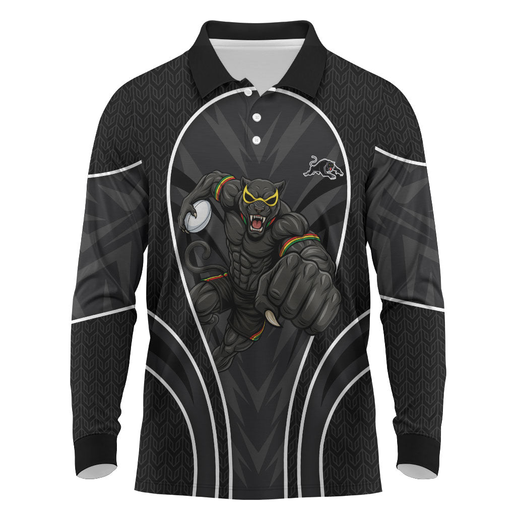 Penrith Panthers Rugby Mascot Long Sleeve Polo Shirt Australian Rugby Culture - Tribal Inspired Black Panther